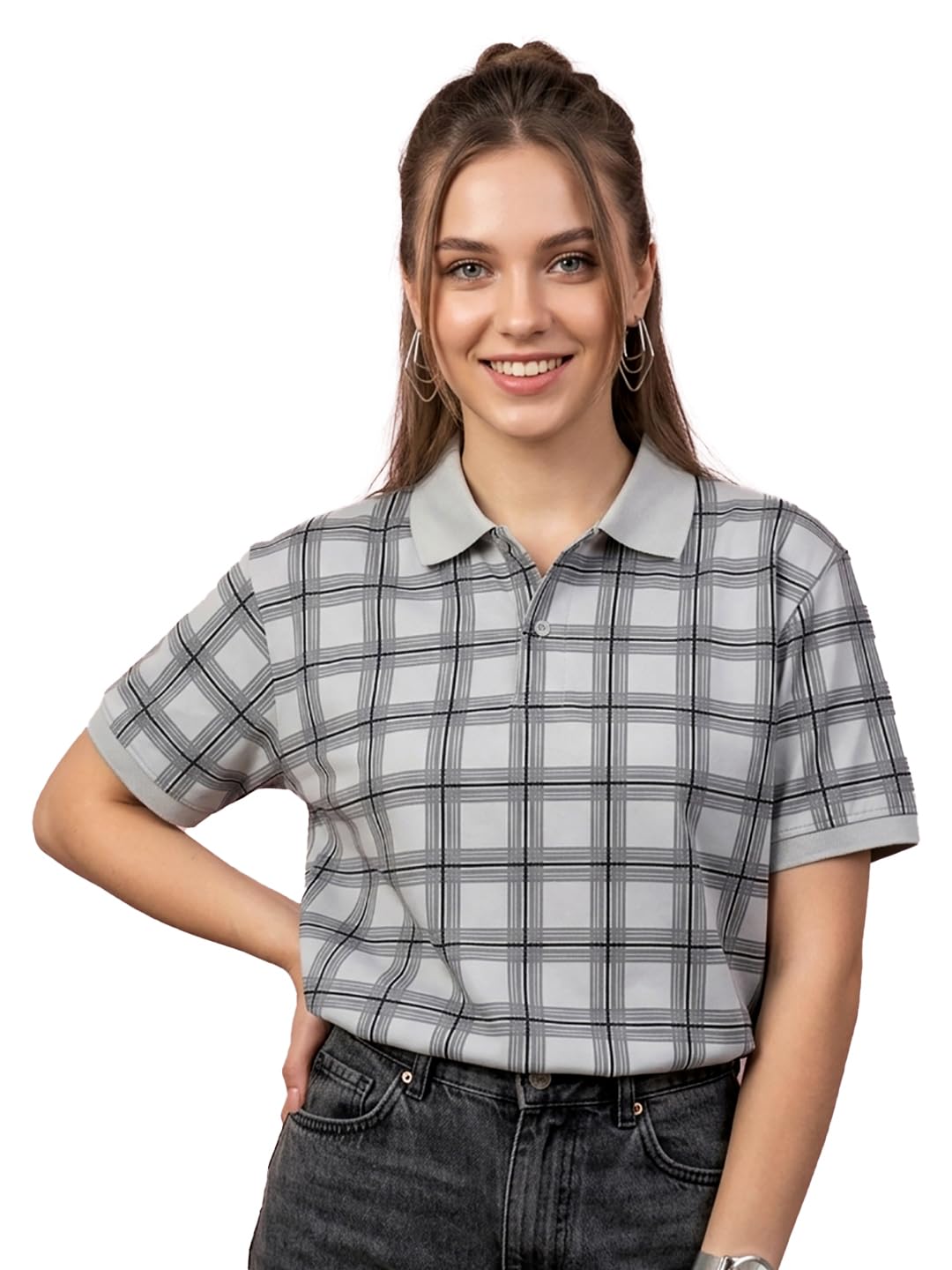 Women Checkered Polo Neck Half Sleeve Tshirt-picture-31