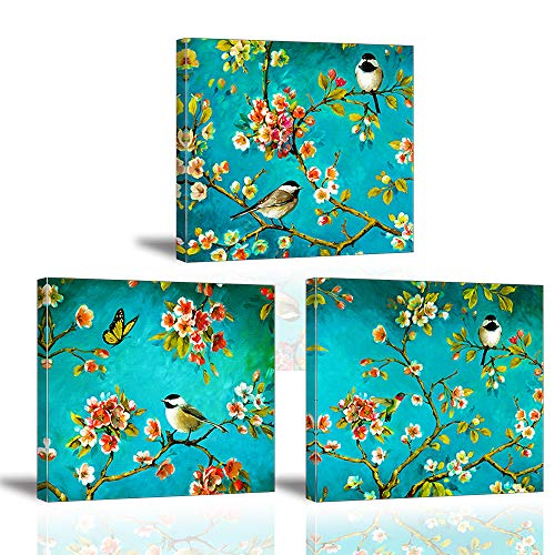 PIY Paintings on Canvas Plum Flower is a Symbol of Strong and Elegance Wall Art, Birds Singing Canvas Prints Wall Decorative Arts for Room Bedroom Birthday Gift New Year Present 3X 30x30cm