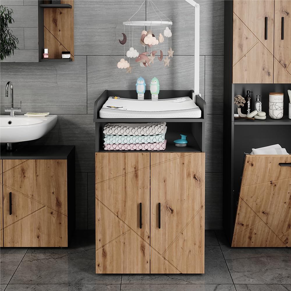 Vicco Wickelkommode Irma Anthrazit Goldkraft Eiche 60 x 97 cm mit Wickelaufsatz