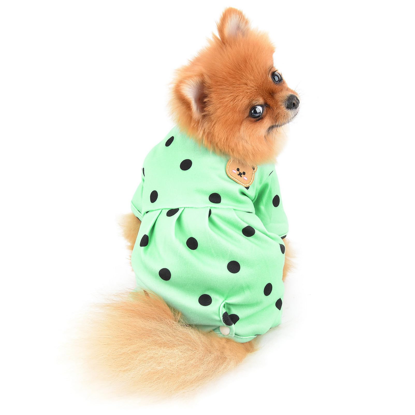 SMALLLEE_LUCKY_STORE Small Dog Clothes Cute Retro Dots Puppy Pajamas Pjs Belly Cover Cat Pyjamas Stretchy Jumpsuit Warm Sleepwear Outfits for Yorkie Chihuahua,Green,M - Image 4
