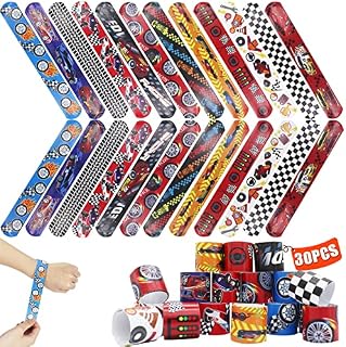 30 PCS Slap Bracelet for Kids Party Bag Fillers, Cool Race Cars Wristbands Fun Boys and Girls Snap Bands Bulk Vinyl Rolls for Birthday Gift Goodie Bag Flavors School Classroom Little Toys
