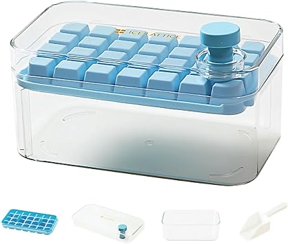 Ice Maker Tray with Container - Silicone Auto-Drop Cubes into Storage Box, 30+ Cubes Capacity for Parties, Dishwasher Safe Freezer Essential