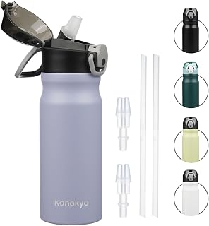 Konokyo 18 oz Insulated Stainless Steel Sports Water Bottle with Straw Lid | BPA-free, leak-proof reusable sports bottle with carry loop for gym, office, hiking, camping, travel & hydration