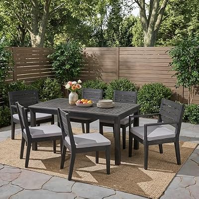 QVUUOU Expandable 7-Piece Outdoor Dining Set with Acacia Wood, Sandblasted Dark Gray and Light Gray - Seats 6-8 Guests
