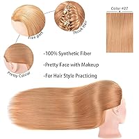 Vista 8 de Cabeza de maniquí de 26 a 28 pulgadas, cabeza de maniquí para peinar el cabello y soporte de mesa libre, cabeza de entrenamiento, maniquí