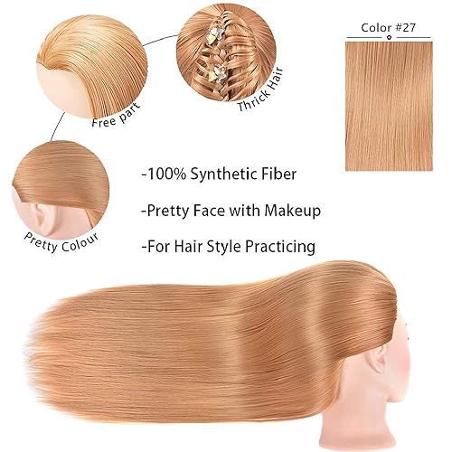 Miniatura 8 de Cabeza de maniquí de 26 a 28 pulgadas, cabeza de maniquí para peinar el cabello y soporte de mesa libre, cabeza de entrenamiento, maniquí de