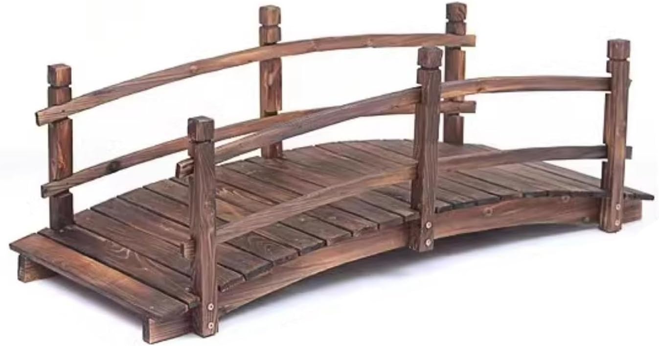 Outdoor Solid Wood Garden Bridge Arc Walkway Patio Landscape Decor Footbridge with Side Railings for Backyards, Gardens, and Streams, Carbonized Finished(140cm/55in)