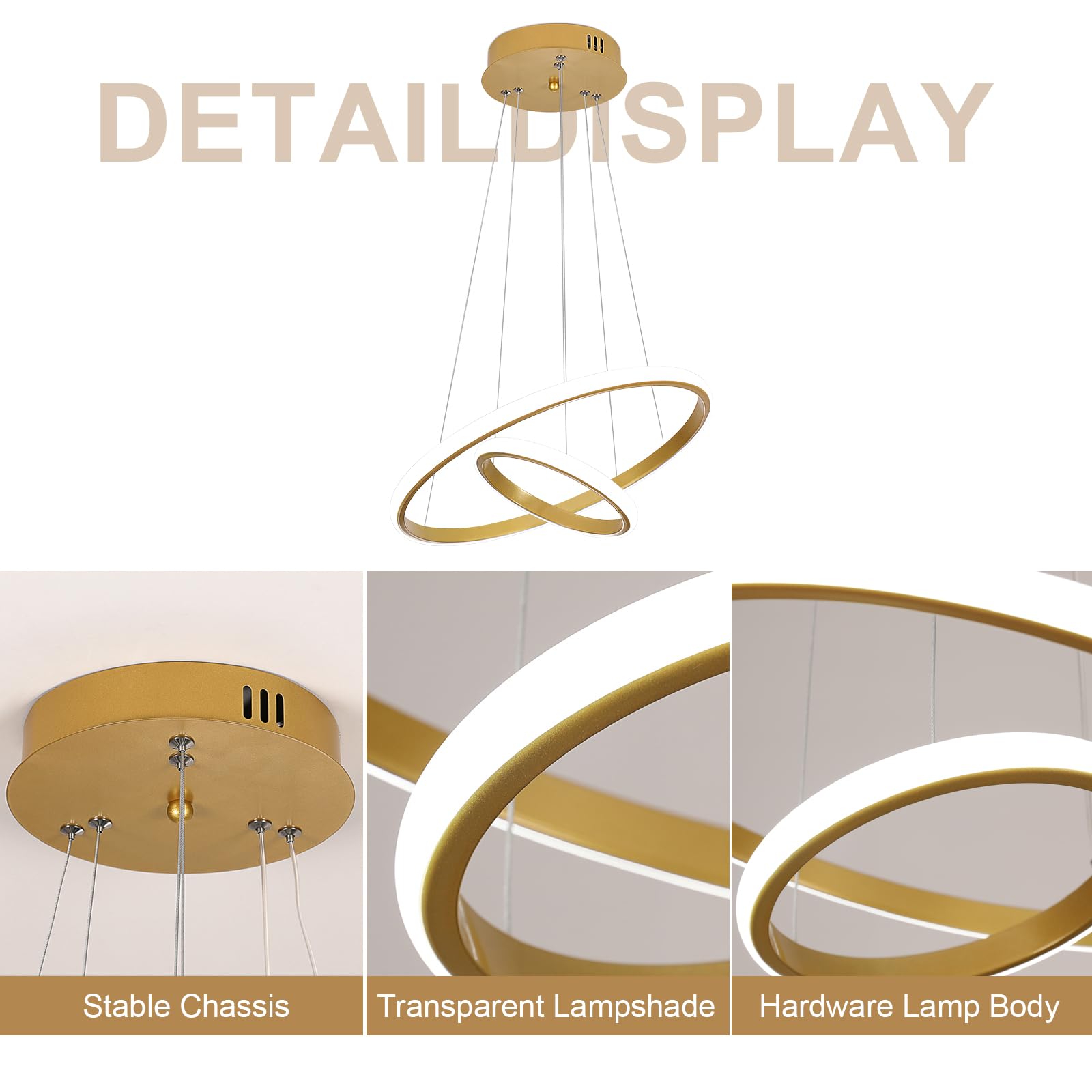 Goeco Lampadario LED Moderno ad 2 Anelli Oro, Lampada a Sospensione 32W | Altezza Regolabile, Lampadario Circolare Design Minimalista per Soggiorno, Sala da Pranzo, Camera da Letto, Hotel