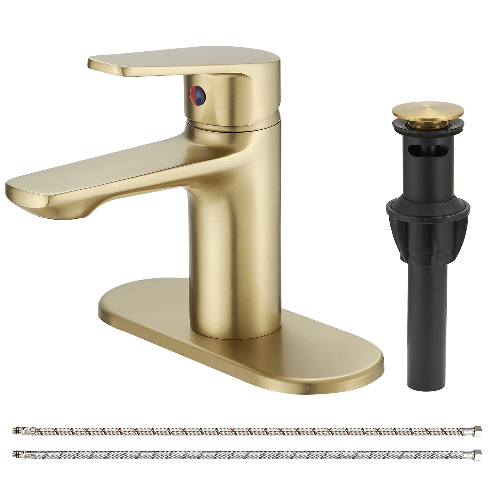 BWE Brushed Gold Bathroom Faucet Single Handle Modern Brass Bathroom Sink Faucet with Pop Up Drain Assembly and 6" Deck Plate for Sink 1 or 3 Hole RV Commercial Lavatory Vanity Basin Mixer Tap