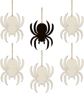 20pcs Halloween Spider Wood DIY Crafts Cutouts Wooden Spider Shaped Hanging Ornaments with Hole Hemp Ropes Wood Tags for DIY Projects Halloween Party Decorations