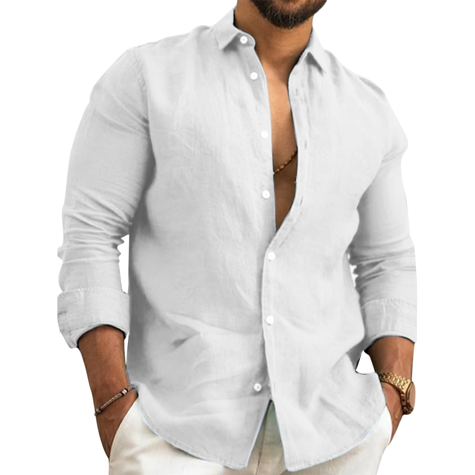 NIBESSER Camisa Lino Hombre Manga Larga Camisa Verano Hombre Elegante Camisa Slim Fit Hombre Casual con Botónes Camisas con Cuello Clásico Transpirable para Vacaciones Mar Playa
