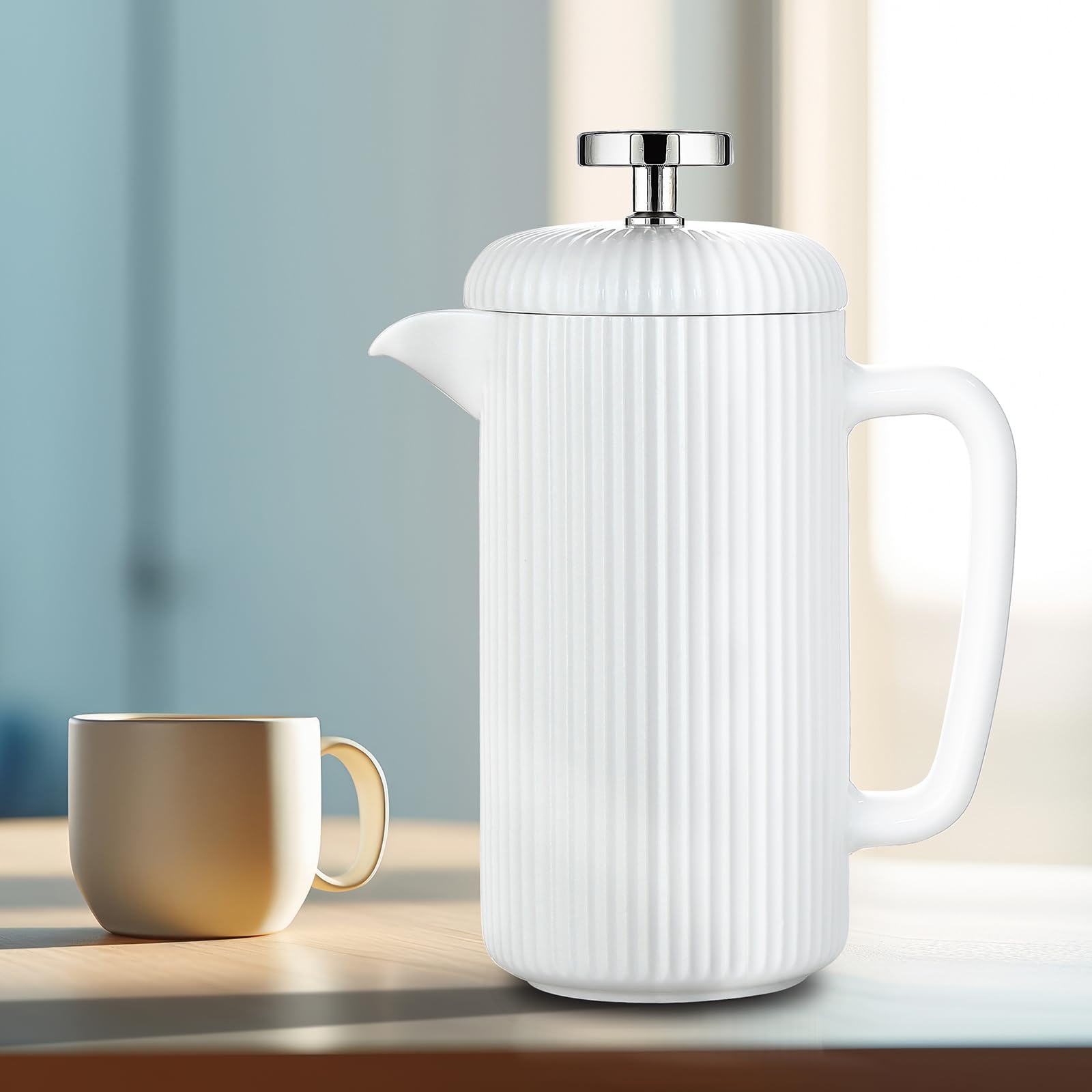 Easyworkz Porzellan-French-Press, 1000ml, Kaffeemaschine mit Edelstahl-Kolben, Elfenbein