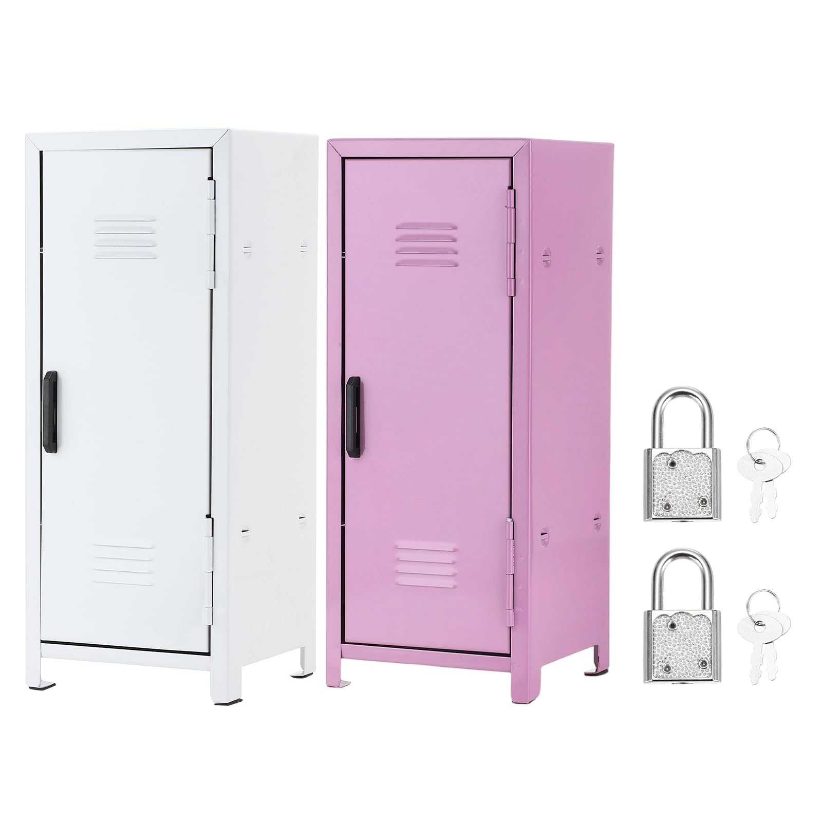 PATIKIL Mini Locker 4.3 x 10.8 Inch 2 Pcs Small Locker with Lock Keys, Real Little Desktop Metal Money Safe Storage Box Security Organizer Cabinet for Desk Bedroom Money White/Light Purple