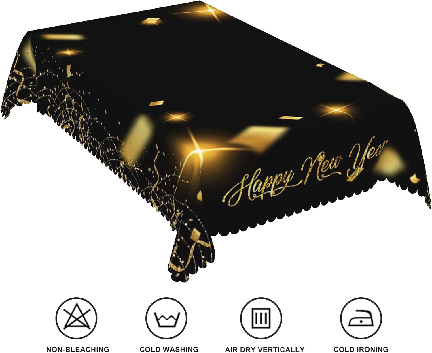 70x108inches Happy New Year Tablecloth Black and Gold Ribbons Shiny Glitter Table Cloth Rectangular Waterproof Fabric Table Cover for Holiday Dinner New Year’s Eve Celebrate Party Decorations