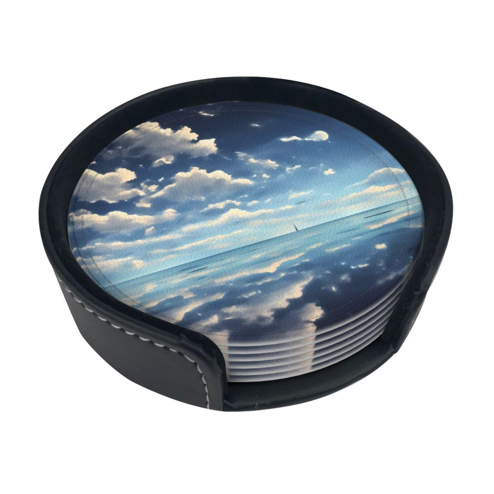 Cntdbu White Clouds Over The Sea Leather Coasters Set Of 6-Pu Leather Drink Mats For Table, Heat Resistant Round Coasters With Holder