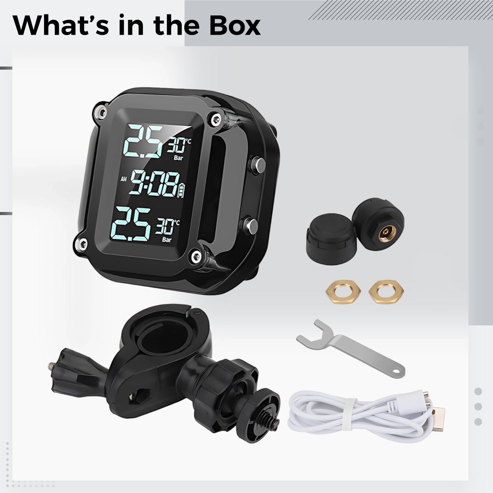 Moto TPMS Con Sensori Esterni, Wireless Tire Pressure Monitor, Display LCD Digitale, Forte Attacco Di Ricarica, Universale
