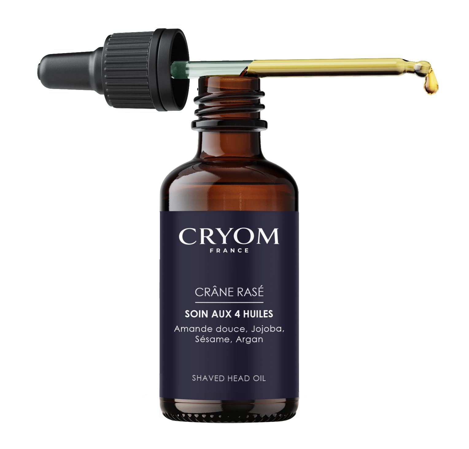 Huile pour crâne rasé, tondu ou chauve (huiles d'Amande douce, Jojoba, Sésame et d'Argan), flacon pipette de 30 ml, 99% d'ingrédients d'origine naturelle, cosmétique pour hommes.