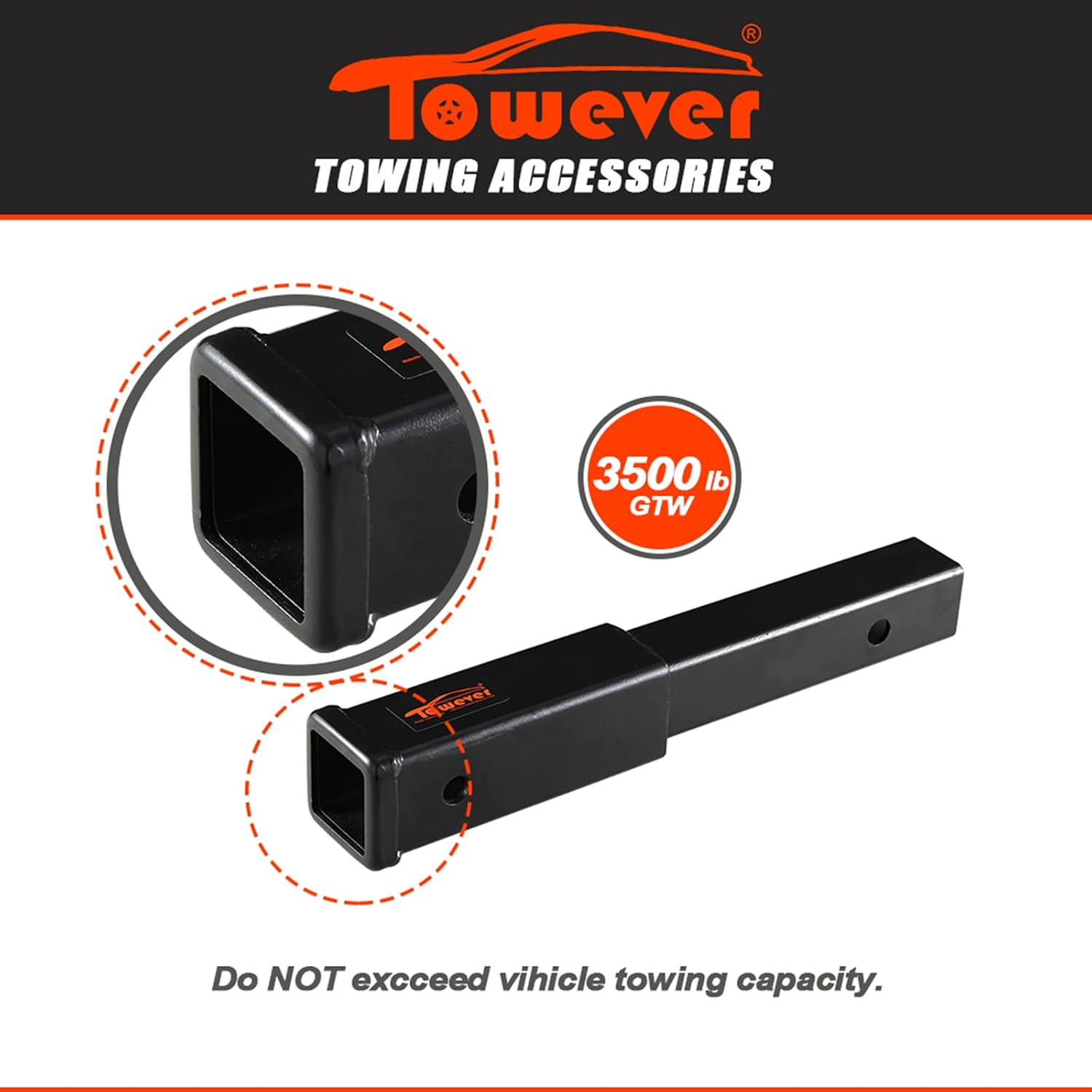 Towever 84433 Trailer Hitch Extension, Hitch Extender for 2 Hitch receivers, 12 inches Length, 3,500 lbs. GTW