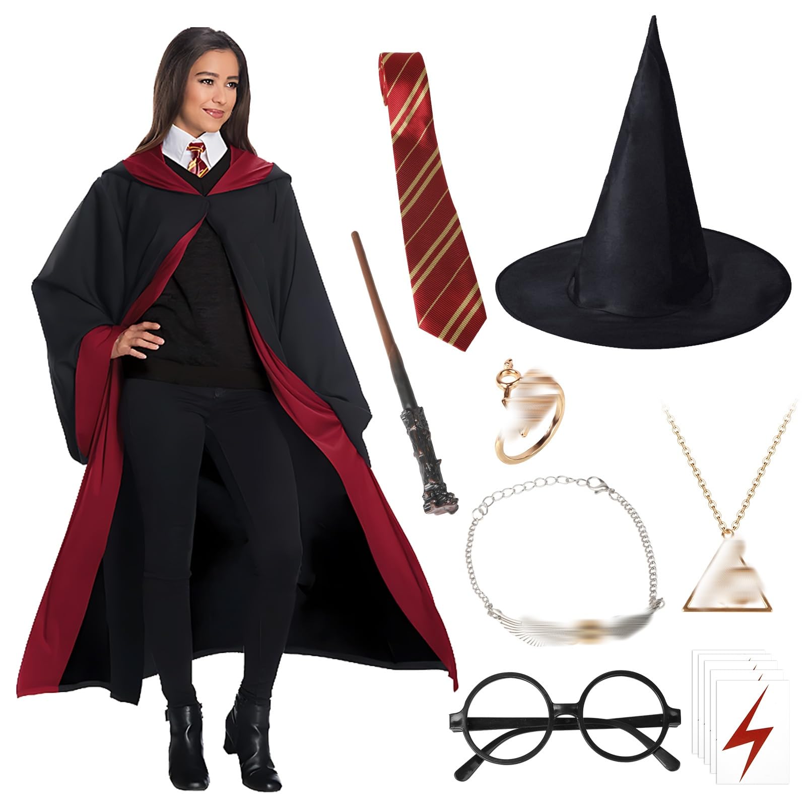 Amazluck Wizard Costume, Wizard Black Cape Magic Robe Costume Cloak with Hood Tie Wand Glasses Frame Role Play Suit Suitable For Halloween Cosplay Fancy Dress for Adults Men Women