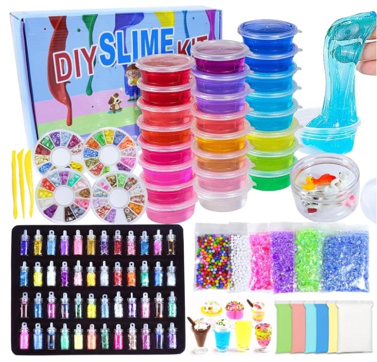 Peeokuo Slime Kit - 108Pcs Slime Making Kit for Girls Boys Kids Art Craft Crystal Clear Slime Glitter Slime Charms Fishbowl Beads Girls Toys Gifts for Kids Age 3+ Year Old