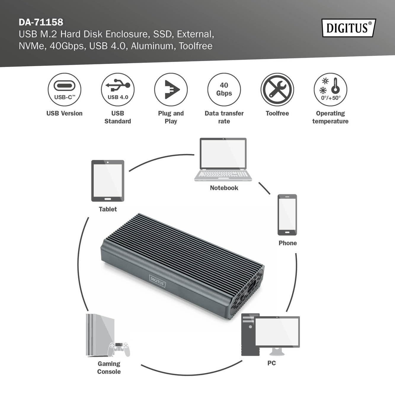 Custodia Per Disco Rigido Digitus Usb M.2, Ssd, Esterna, Nvme, 40 Gbps, Usb 4.0, Alluminio, Senza Attrezzi