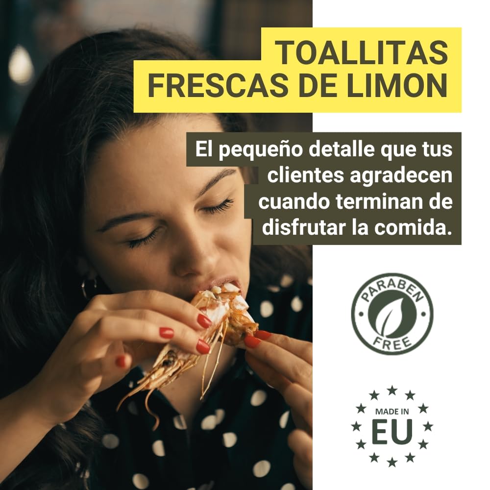 GPQ - Toallitas de Limón para las Manos | 500 Und. | Frescas, húmedas y de celulosa 100% Biodegradable | Sin Parabenos | Bares, Restaurantes, Catering, Barbacoas, etc... | Fabricado en España