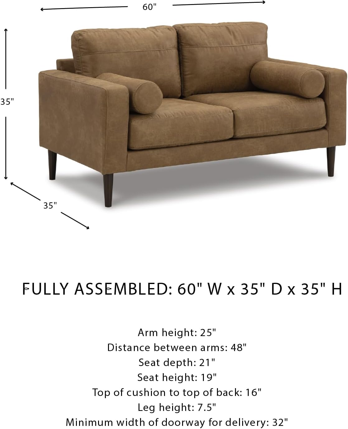 Signature Design by Ashley Telora Modern Faux Leather Loveseat with 2 Bolster Pillows, Dark Brown