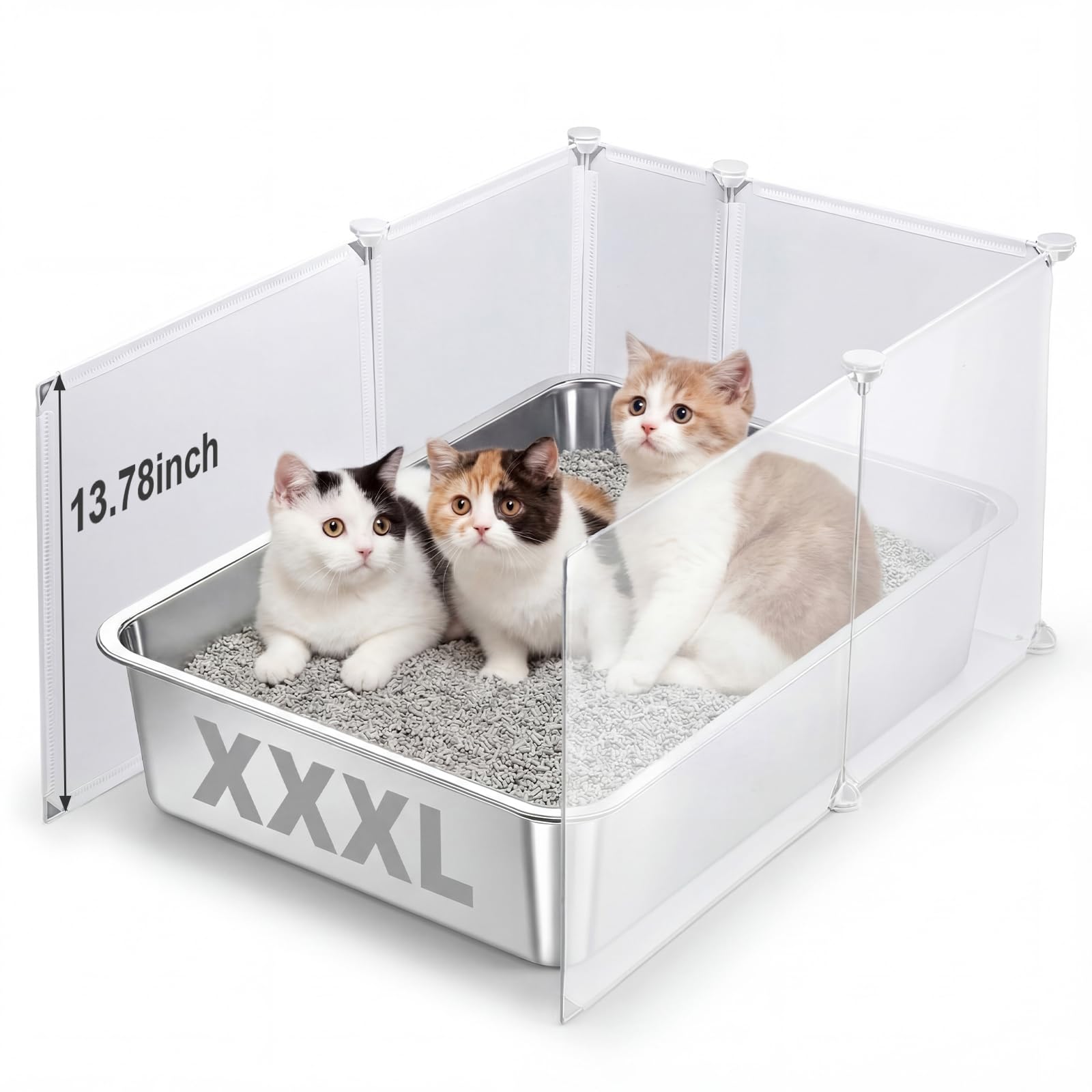 Photo 1 of Lounsweer XXXL Stainless Steel Litter Box for Small Cat Hamster Rabbits, 27.5 x 20 x 4 Inch Large Litter Box with Shield, Low Entry for Multiple Kittens, Senior, or Injured Cats, Easy to Clean