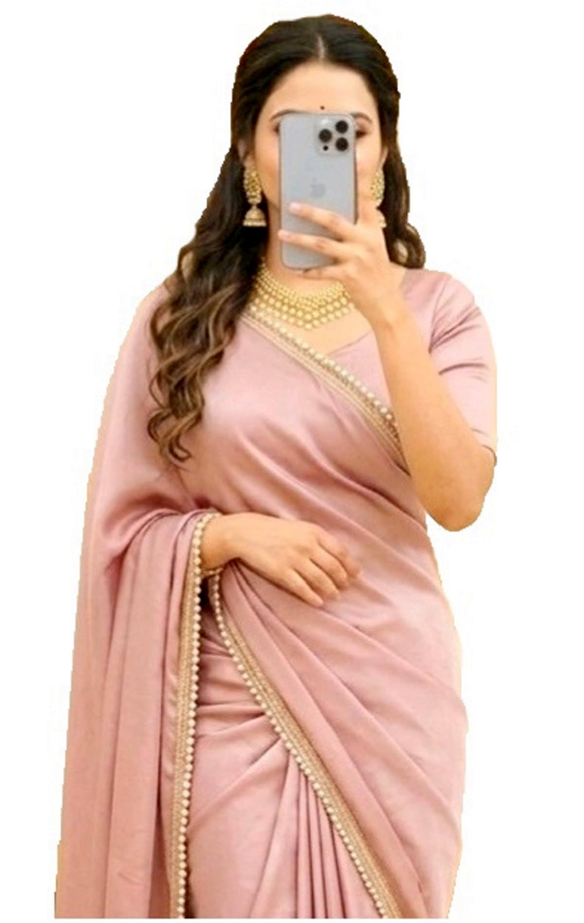 Ready To Wear Saree For Women Pre Pleated Satin Silk Readymade With Unstitched Blouse (Dusty Rose Pink)-image-22