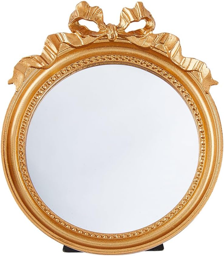 Small Vintage Gold Mirror Round Portable Bow Mirror 4.9x4.3 Inch/12.5x10.8cm Lightweight Resin Gold Desk Mirror for Women Make up Dressing Bedroom Table Decoration
