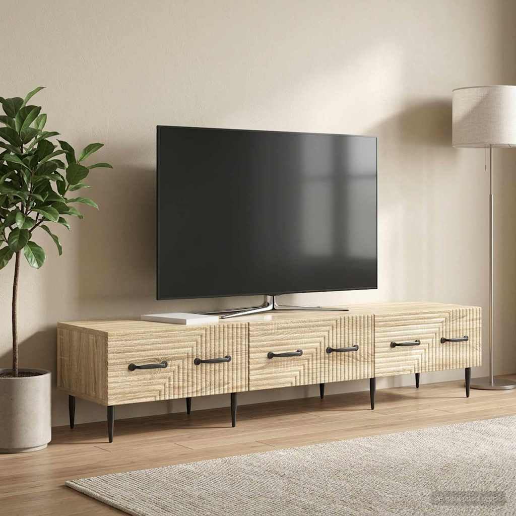 SYDE Mobile TV con cassetto, rovere Sonoma, 147 x 34,5 x 30 cm | Legno resistente, stile vintage, gambe coniche, maniglie nere, superficie per TV da 60 pollici