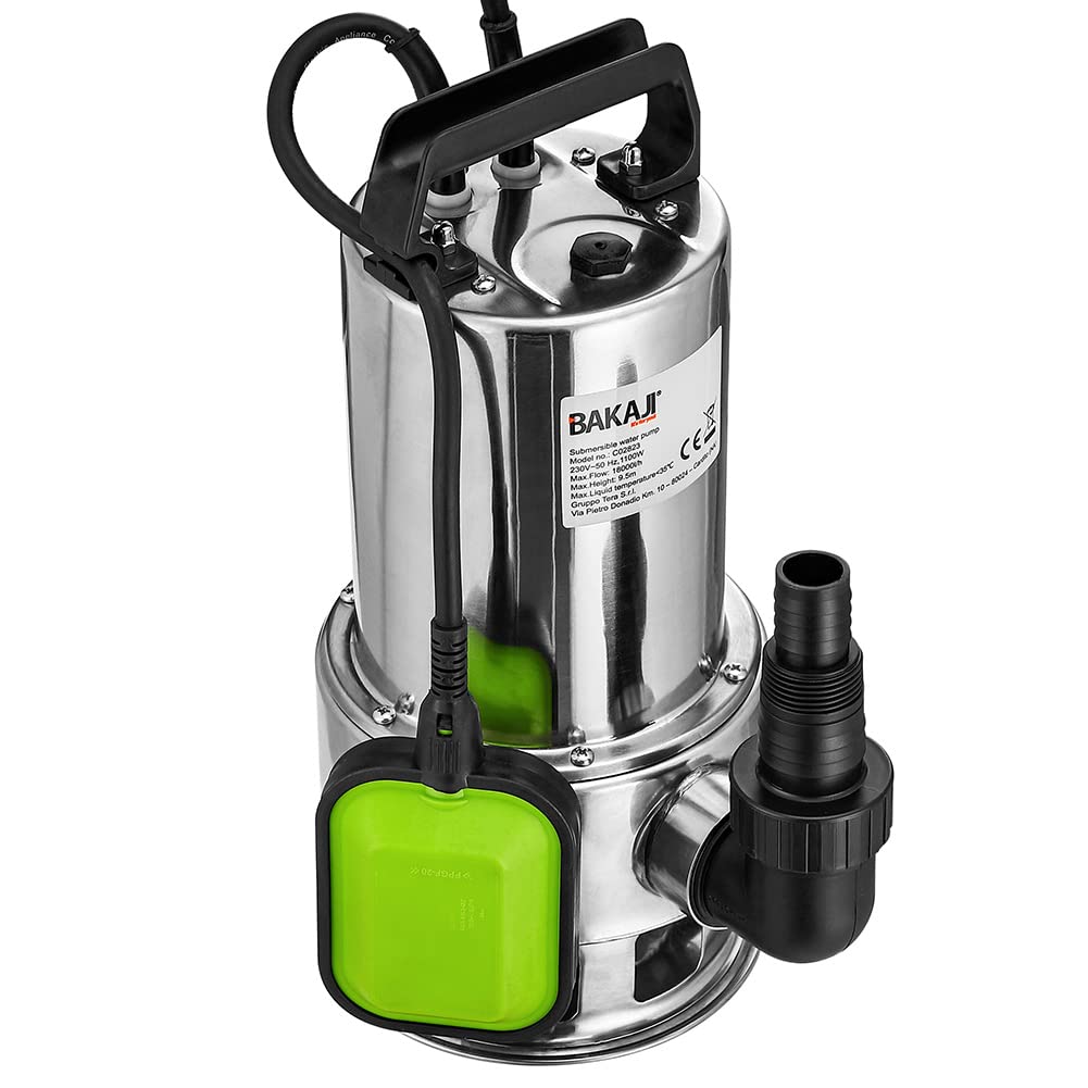 BAKAJI Pompa Immersione Pompa Sommersa Elettropompa Acque Scure Sporche e Pulite Con Galleggiante 1100 W Profondità di Immersione 7 M Lunghezza Del Cavo 10 M Motore in Acciaio