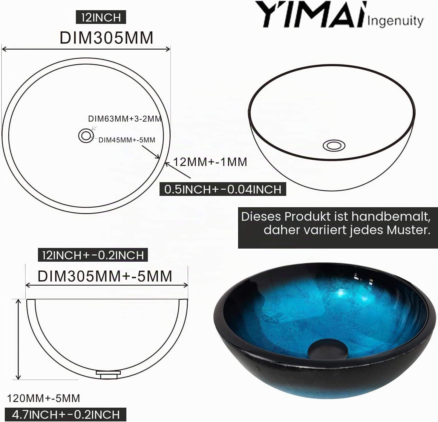 YM20208M Waschbecken aus gehärtetem Glas, rund, mit Wasserhahn-Kombination, 30,5 cm, Blau