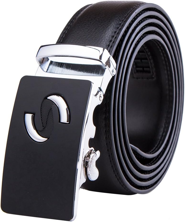Riccho Ratchet Leather Belt For Men -With Automatic Buckle -Packaged in an Elegant Gift Box (Up to 44" Waist size, Black silver impressive design