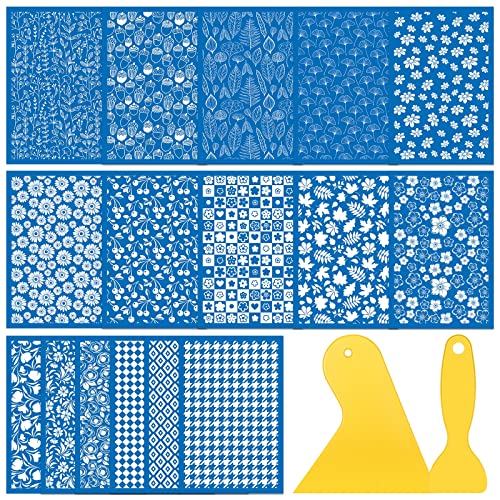 16 Pcs Silk Screen Stencils for Polymer Clay Texture Sheet Reusable Silkscreen Clay Jewelry Making Kit with 2 Scraper for DIY Craft Earring Decoration Making Supplies, 3.9 x 6 Inch, 16 Styles