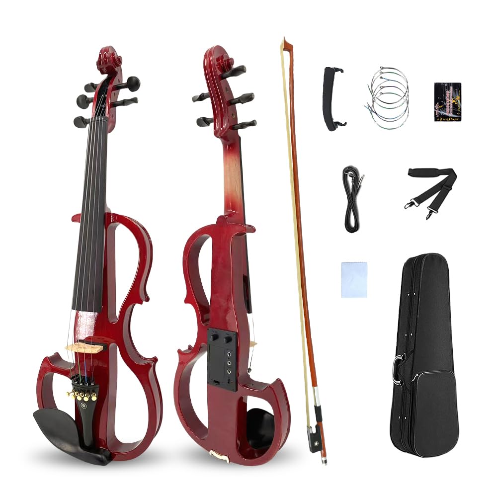 Vetimobato Electric Violin 4/4 Full Size Solid Wood Silent Violin Set for Adults Beginner Practice Electric Fiddle with Ebony Fittings Hard Case &amp; Bow(5 String Burgundy)