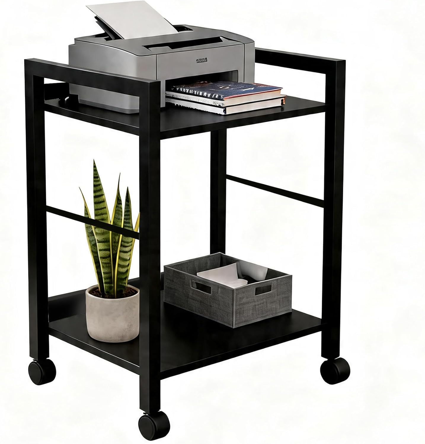 Small Printer Stand with Storage, 2-Tier Minimalist Printer Table, Rolling Printer Cart for Home Office,Fits 3D Printer/ScannerFax/Machine (Black)