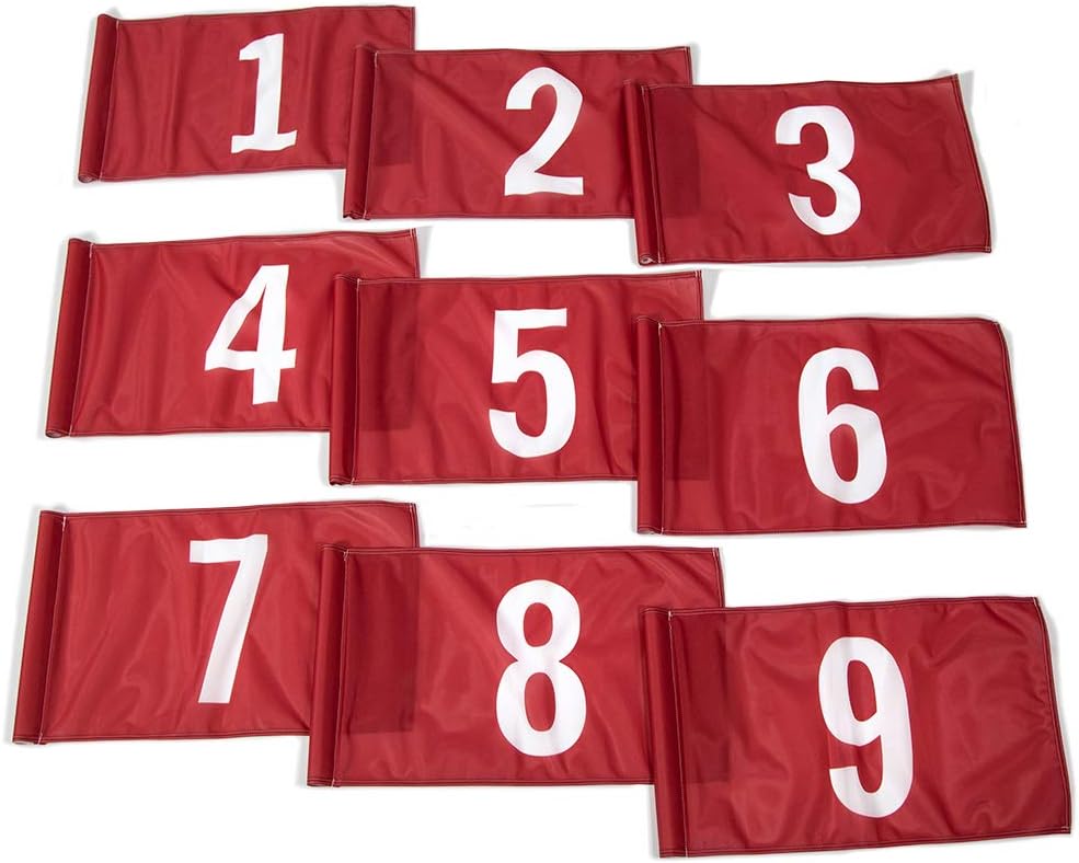 Vispronet Numbered Golf Flags for Putting Green (9) – 20in x 14in Red & White Flags Numbered 1-9, Golf Range Accessories for Courses, Outdoor Hole Flag, Durable Polyester Material