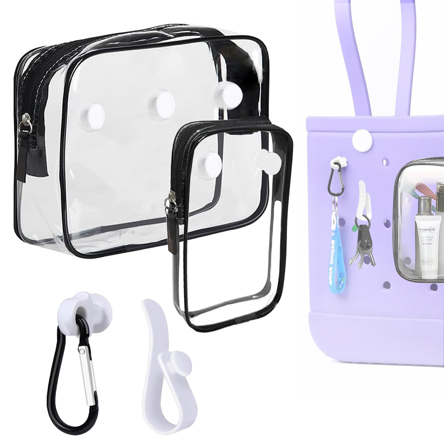 Everfunny3 Packs Clear Bogg Beach Tote Bag with 2 Pack Insert Hooks Accessories for Bogg Bags Travel Makeup Clean Toiletry Brush Organizer Cosmetic Divider Storage Inner Pouch, Black set of 2