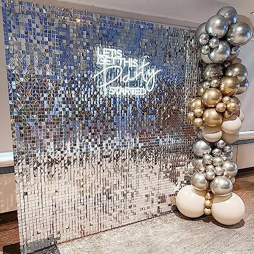 Image of COKAOBE Silver Shimmer Wall Backdrop, 48PCS Square Sequin Shimmer Backdrop Panel, Photo Backdrops for Birthday, Anniversary, Wedding, Graduation & Bachelorette Party Decoration