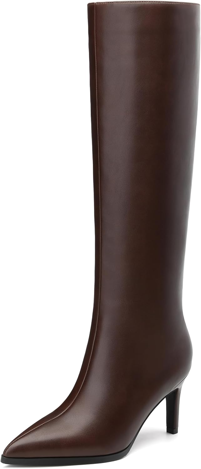 ROSERWISH Women’s Knee High Boots Pointed Toe Low Kitten Heel Tall Boots Comfortable Casual Fall Long Boots With Side Zipper