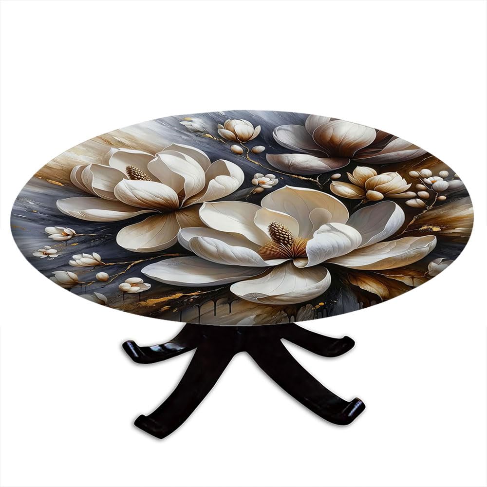 Nappe ronde marron au design de peinture magnolia bleu pour un décor de table raffiné
