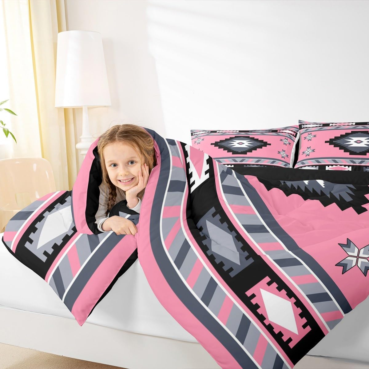 Feelyou Western Decor Comforter Set Twin Size Southwestern Bedding Set for Kids Tribal Duvet Quilt Teens Decor Pink Black