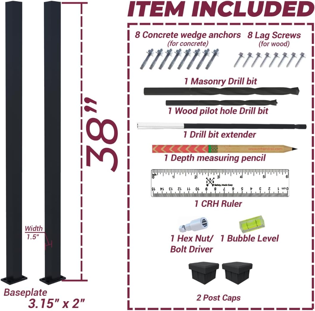 CHR CRH 2X 38" Black Deck Railing Wrought Iron Handrail Post Kit (Top Mount)