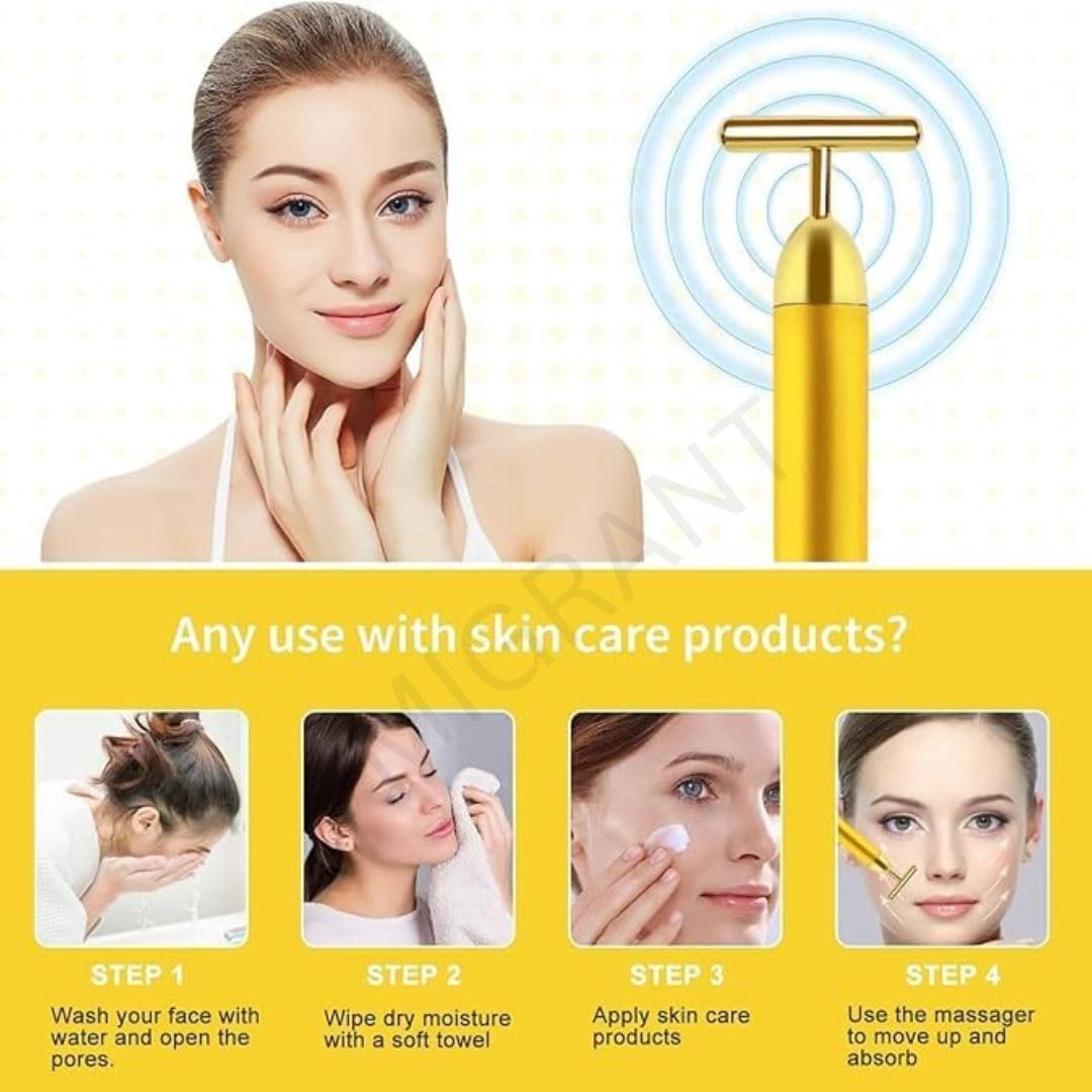 MIGRANT Gold Energy Beauty Electric Vibration Facial Massage Roller Waterproof Face Kit Scrubs & Polishes Skin Care T Shaped Anti Wrinkle Massager for Forehead Cheek Neck Clavicle Arm Leg (Yellow) MIGRANT Gold Energy Beauty Electric Vibration Facial Massage Roller Waterproof Face Kit Scrubs & Polishes Skin Care T Shaped Anti Wrinkle Massager for Forehead Cheek Neck Clavicle Arm Leg (Yellow)