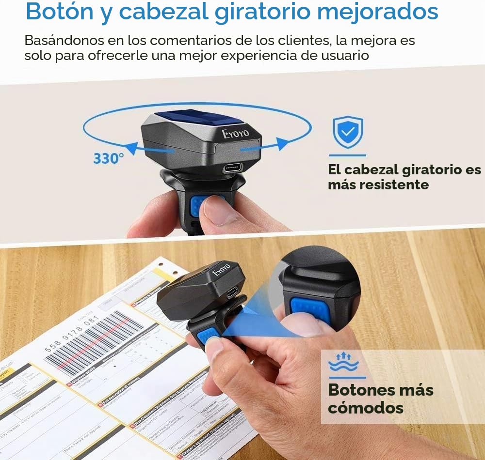 Eyoyo 1D Escáner de Código de Barras Bluetooth, 2,4G Inalámbrico, Mini Lector de Anillo con Cable USB para iOS Android, para Almacén Supermercado Librería...