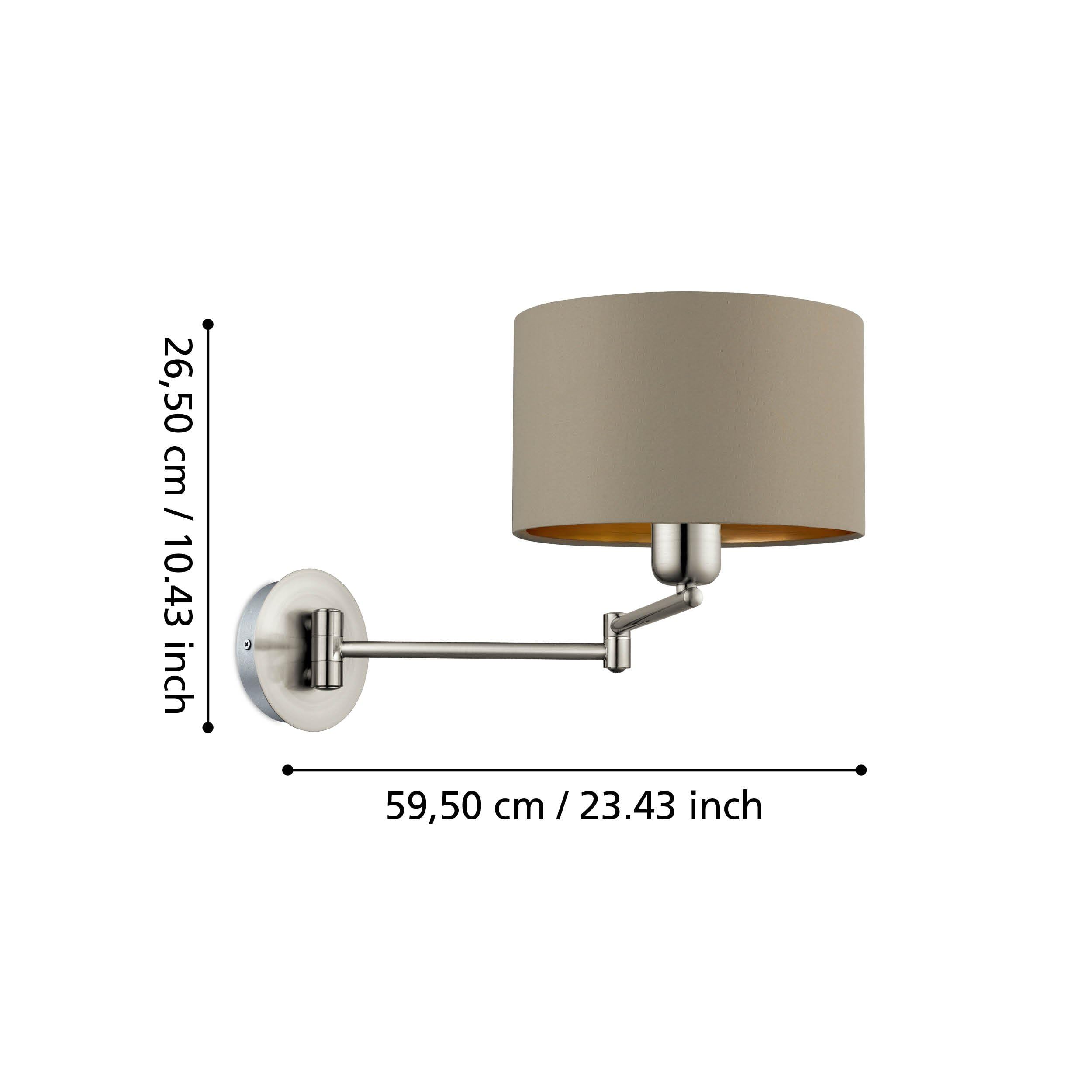 EGLO Lampa ścienna do wnętrz Maserlo, lampa wykonana z matowej stali niklowej, tkanina w kolorze taupe i złotym, oprawa oświetleniowa do salonu i przedpokoju, reflektor z gniazdem E27 | tkanina, kolor: matowy nikiel, topo, złoto, oprawa: E27, z przełączni