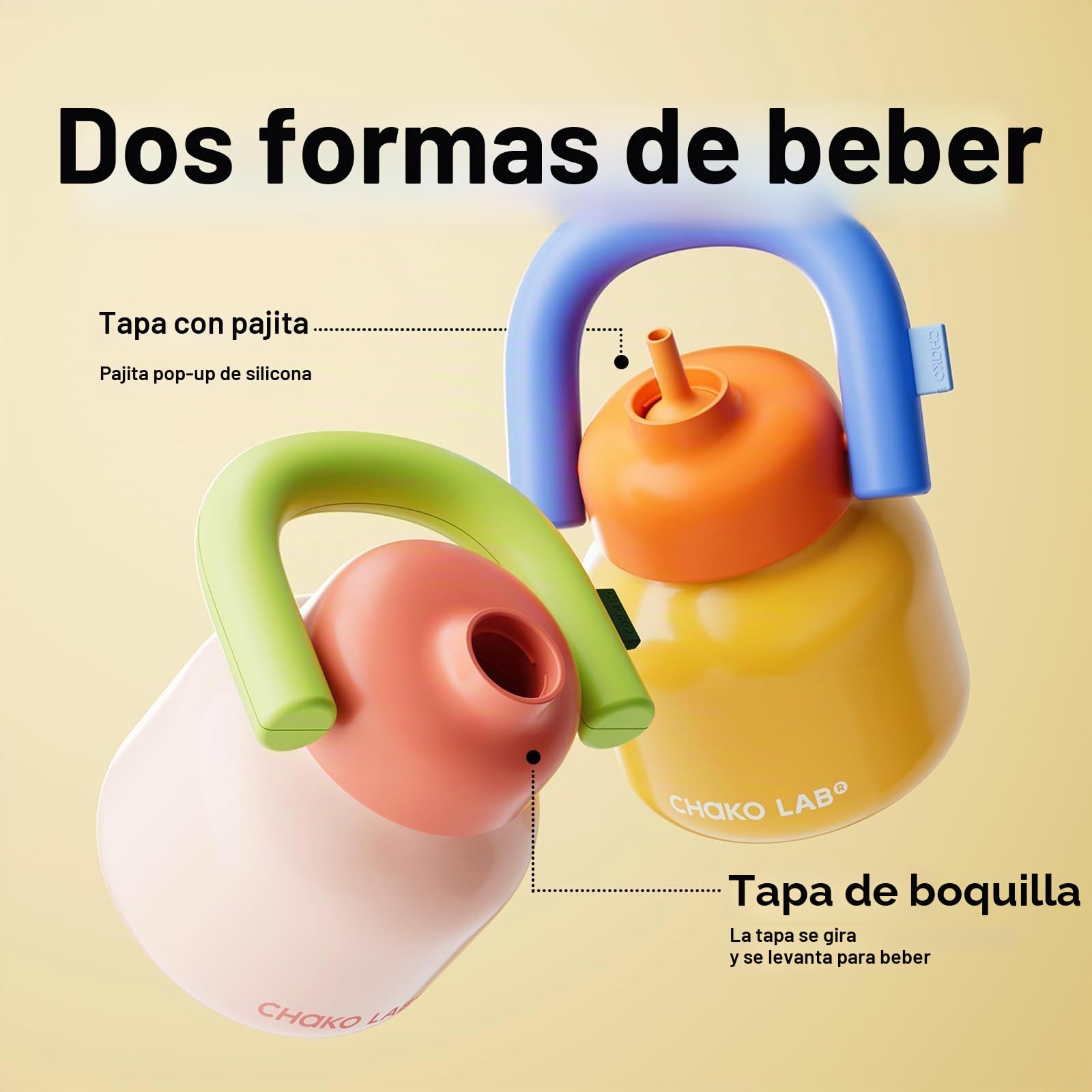 Botella de agua CHAKO LAB con pajita y asa de transporte | Botellas de acero inoxidable con aislamiento al vacío de boca ancha | Reutilizable, a prueba de fugas y sin BPA | 1 litro (Amarillo y azul)