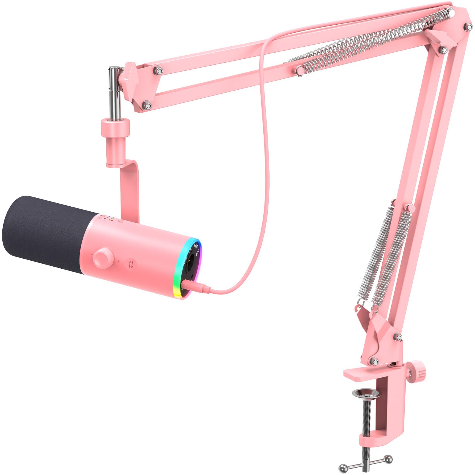 TONOR Dynamiczny mikrofon do gier, mikrofon XLR/USB do strumieniowego przesyłania, redukcja szumów AI, sterowany RGB, wyciszenie, gniazdo słuchawkowe 3,5 mm, mikrofon z ramieniem szubienicowym, różowy