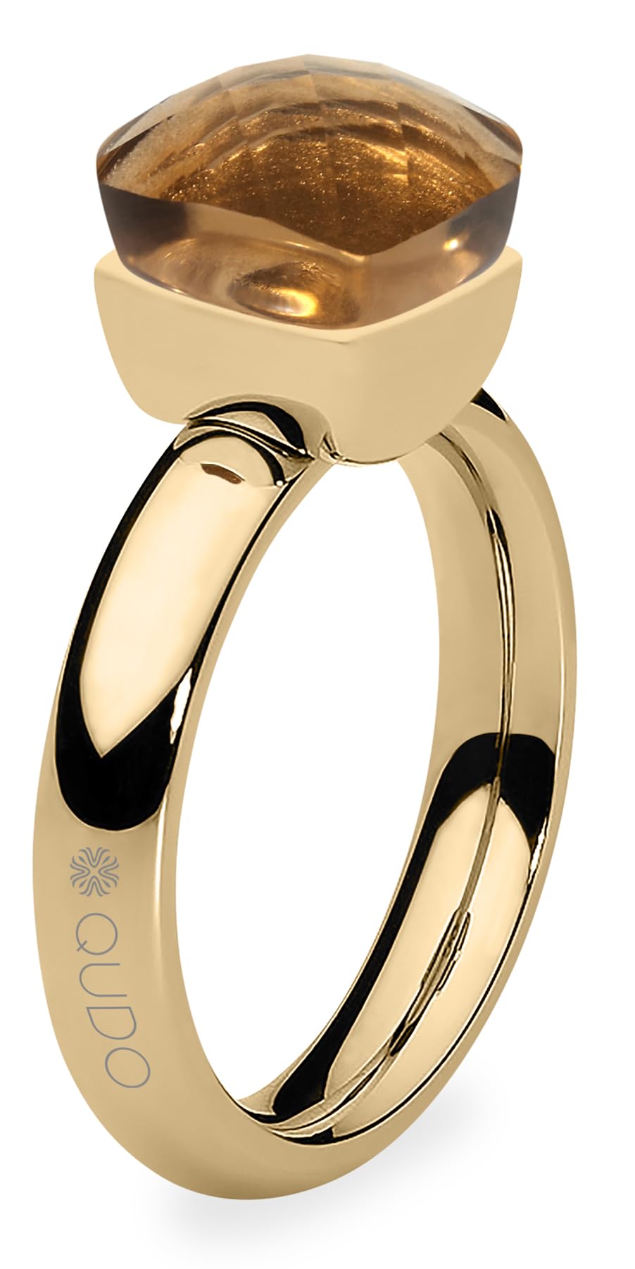 Qudo Firenze Edelstahl gold farbener Ring mit smoked topaz Stein (braun)